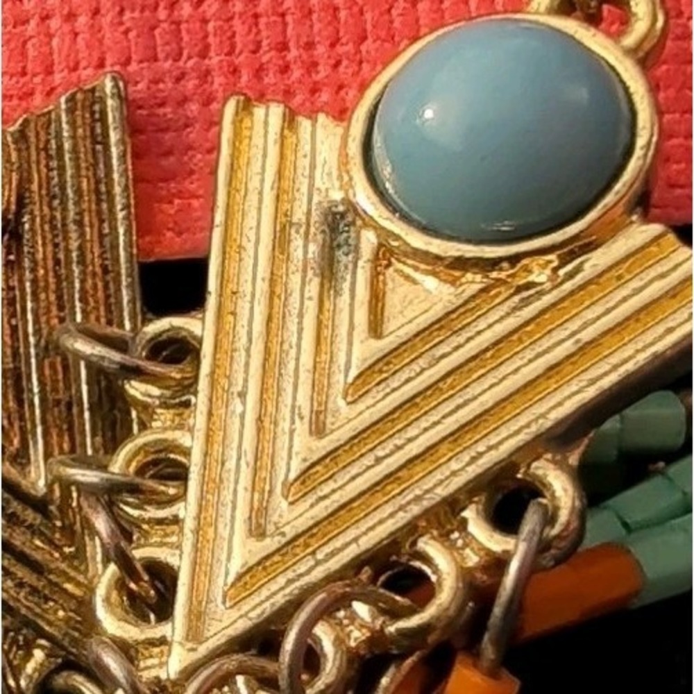 Southwestern Style BEADED Chandelier EARRINGS W/ Gold Tone Base & Faux Turquoise - Picture 7 of 7